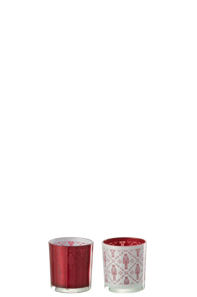 Tealight Holder Nutcracker Glass White/Red Small Assortment Of 2